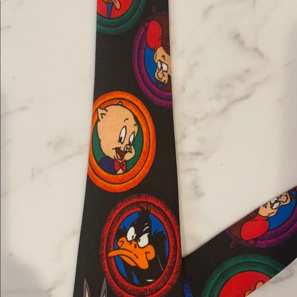 Looney Tunes Tie Black Bugs Bunny Sylvester Porky Pig Retro Cartoon Kidcore